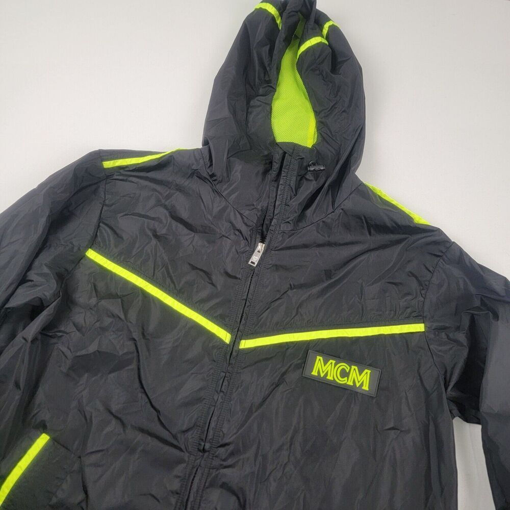 MCM Men's Flo Black Nylon Rubber Logo Parka Windbreaker Jacket Oversized Medium